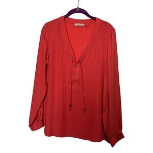 Soft Surroundings Lace Up Tunic Top Women's Size Medium Coral Long Sleeve V Neck